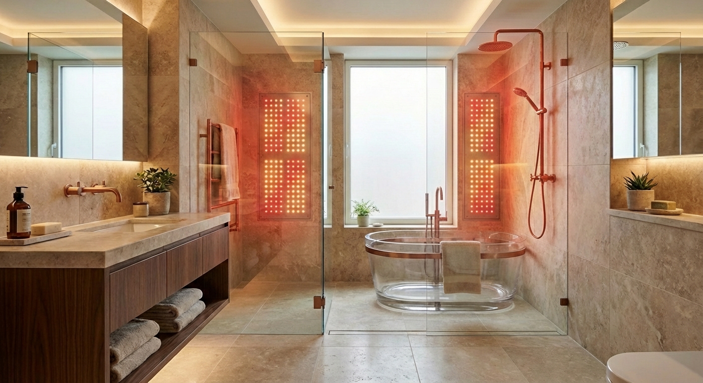 AEON Wellness Bathroom with Red Light Therapy Panels and Glass Soaking Tub